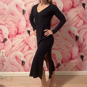 Long sleeve cotton navy blue long dress with hood